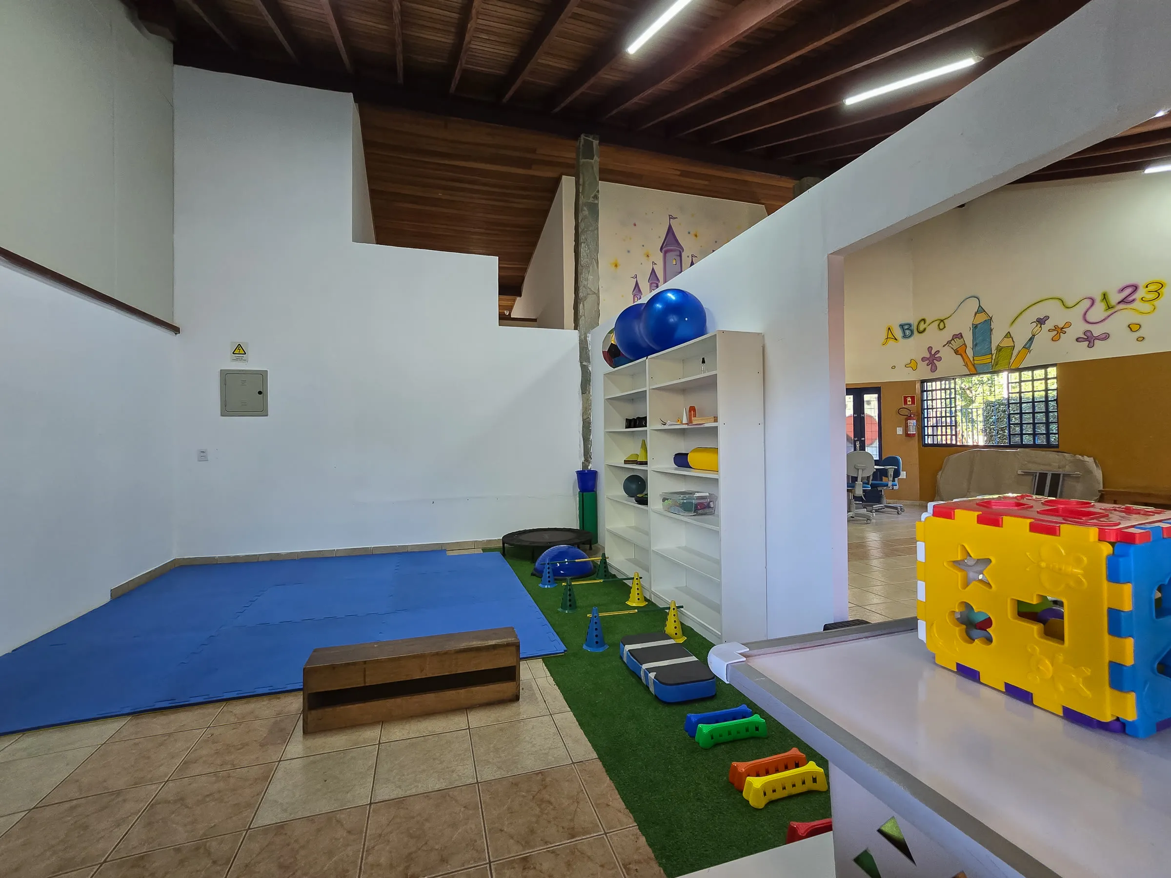 Sala com tatame e materiais para atividades motoras