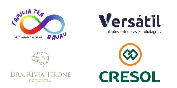 Logos dos apoiadores: Família TEA Bauru, Versátil, Dra. Rívia Tirone e Cresol