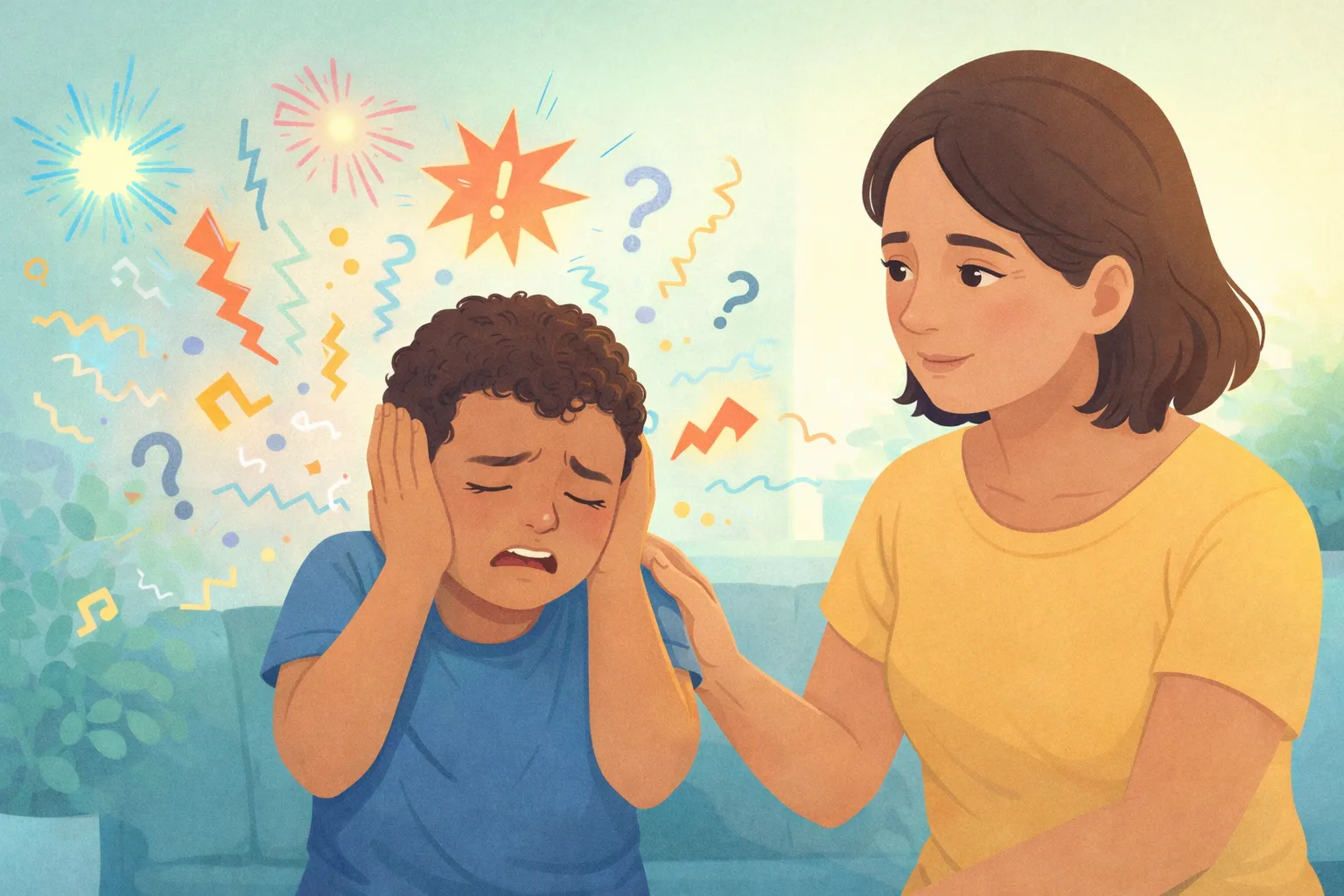 Ilustração: menino tapa os ouvidos, cercado de estímulos, enquanto a mãe o acolhe com a mão no ombro