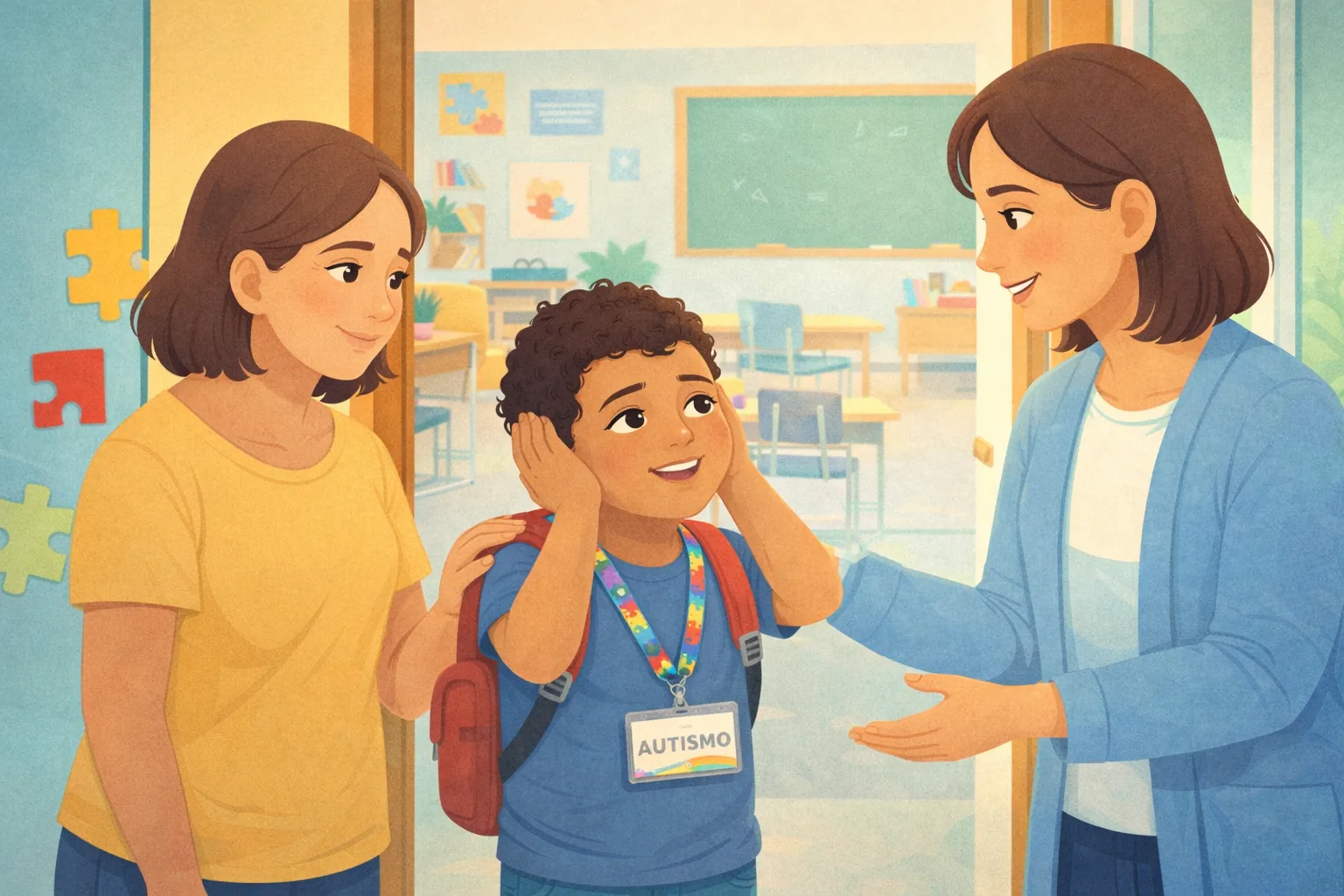 Ilustração: mãe leva o filho autista à escola e a professora o recebe na porta da sala