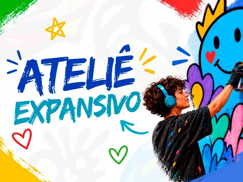 Arte do Ateliê Expansivo com letras grafitadas e uma jovem pintando um mural