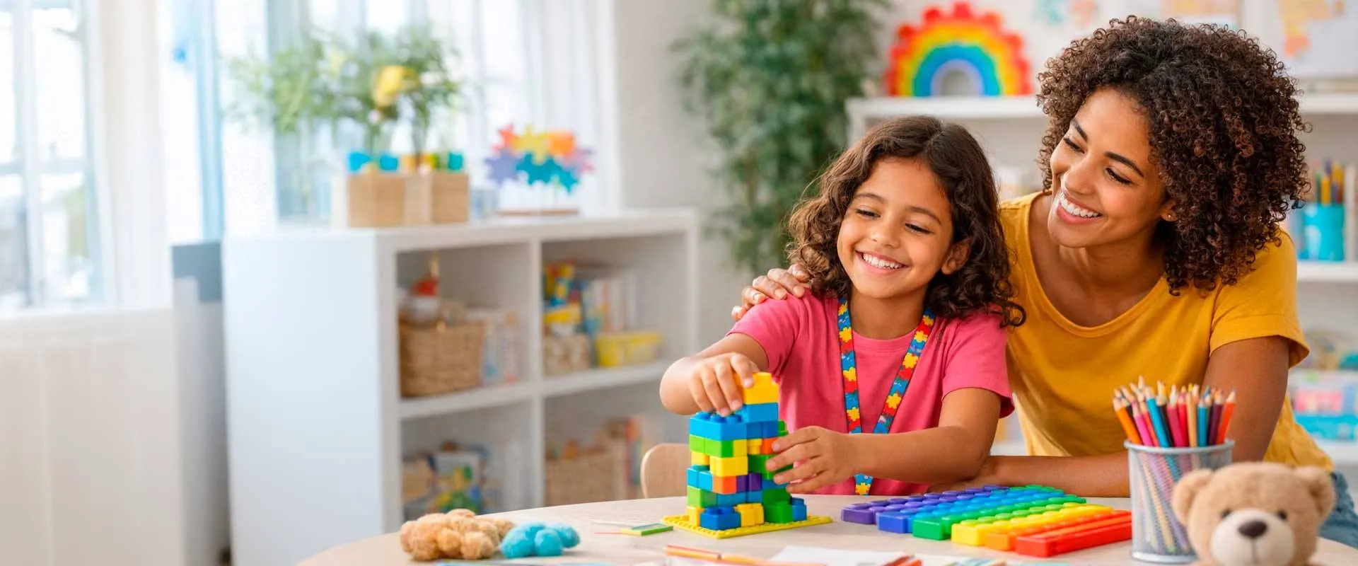Menina sorrindo enquanto monta blocos coloridos, com uma educadora ao lado