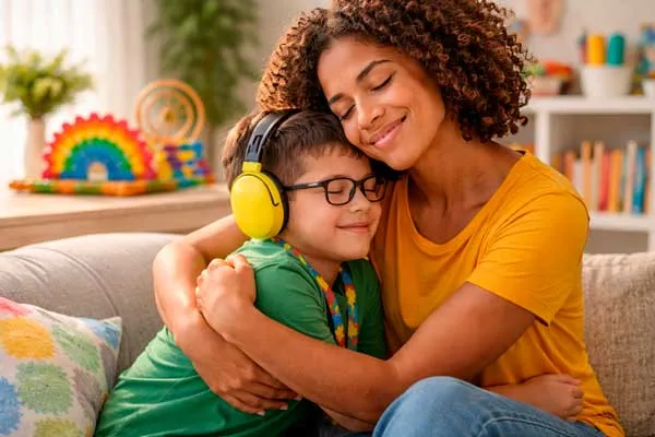 Mãe abraça o filho, que usa abafador de ouvido, em uma sala colorida